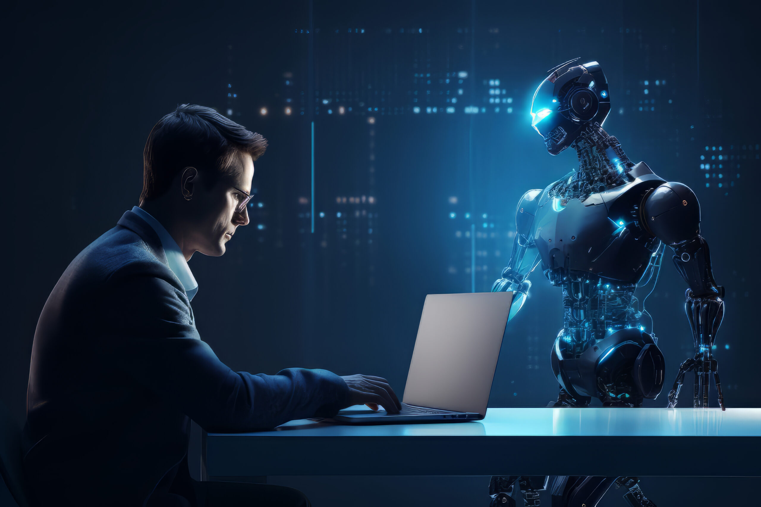 Businessperson typing on a laptop as a blue-lit humanoid robot stands beside him in a futuristic lab.
